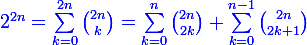 \large \blue 2^{2n}=\sum_{k=0}^{2n}\binom{2n}{k}=\sum_{k=0}^{n}\binom{2n}{2k}+\sum_{k=0}^{n-1}\binom{2n}{2k+1}